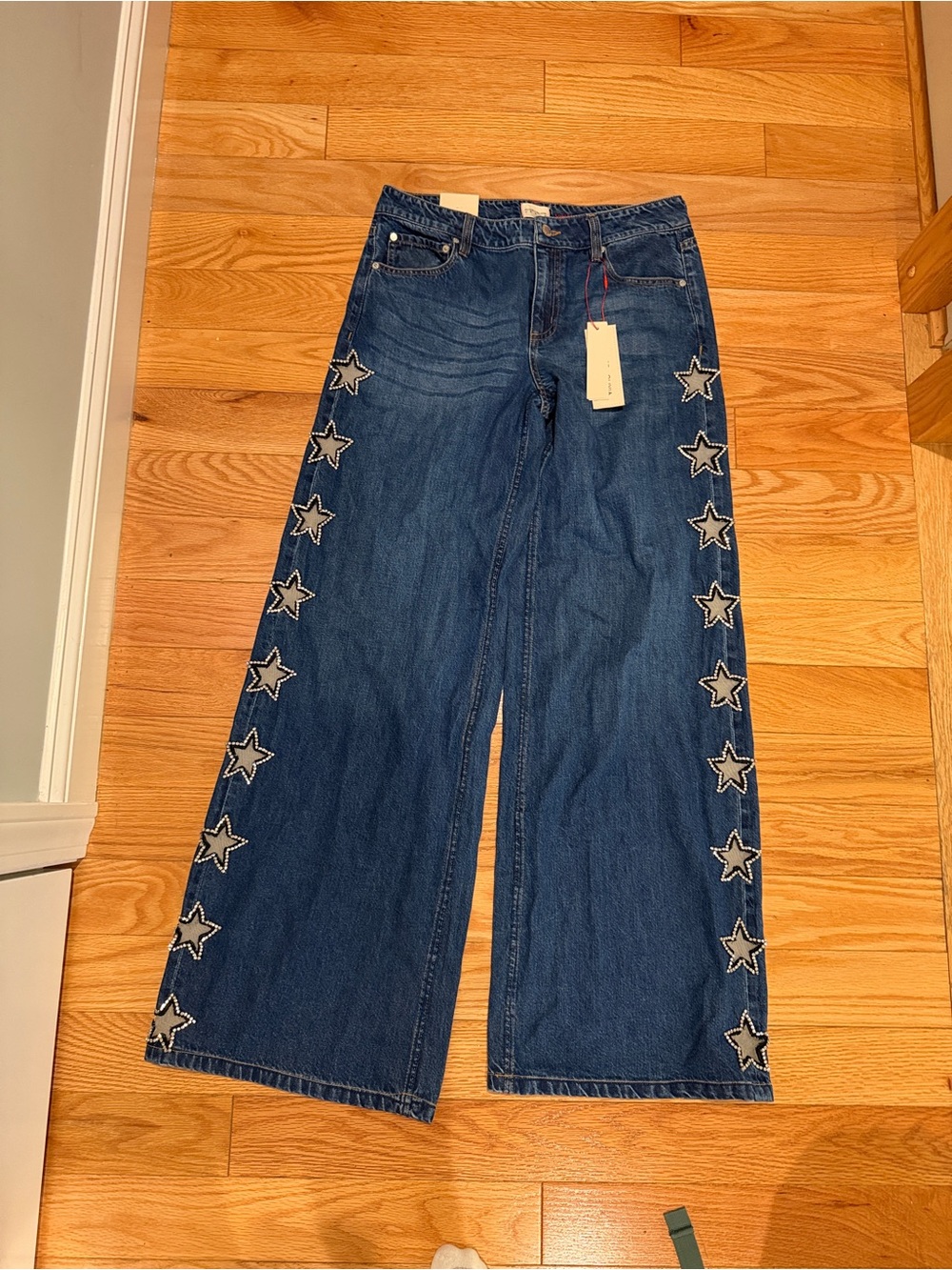Alice & Olivia Dark Blue Wide-Leg Jeans with Rhinestone Star Cut Outs NWT